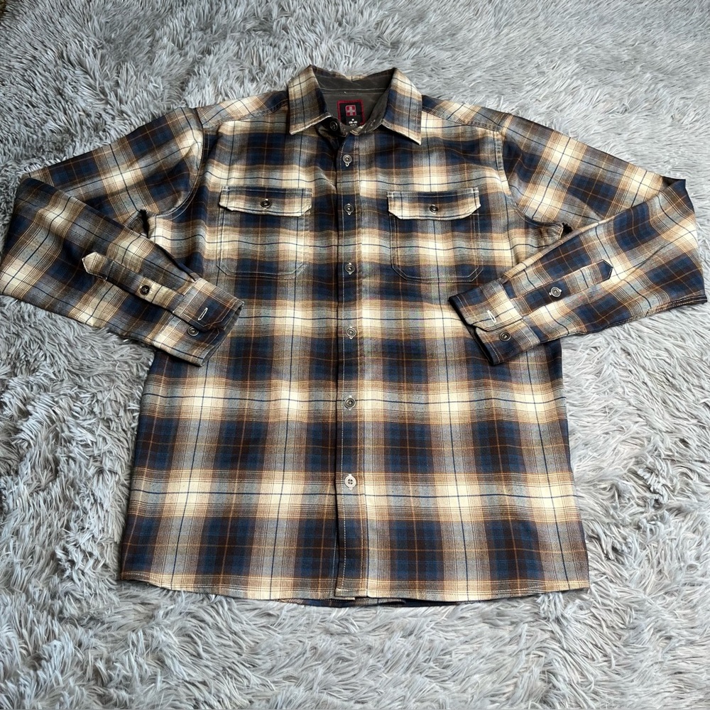 Swiss Tech Shirt Mens Medium Plaid Checkered Blue Tan Long Sleeve